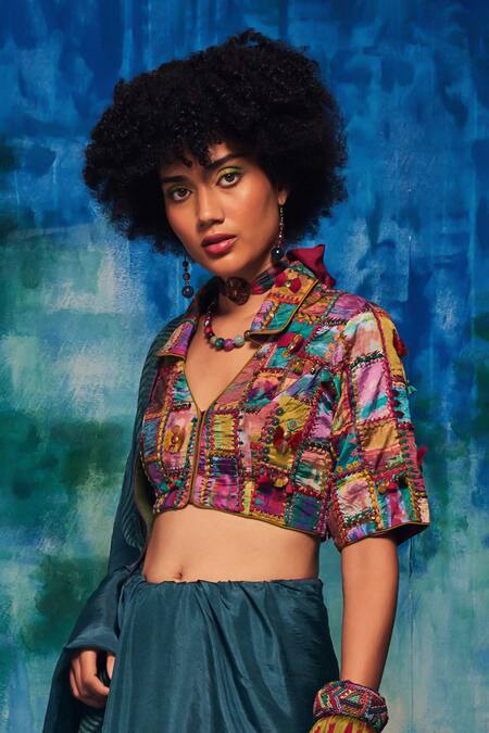 CAPISVIRLEO_Multi Color Silk Embroidery, Patchwork Collared Kirti Detailed Blouse _Online_at_Aza_Fashions