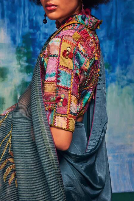 Buy_CAPISVIRLEO_Multi Color Silk Embroidery, Patchwork Collared Kirti Detailed Blouse _Online_at_Aza_Fashions