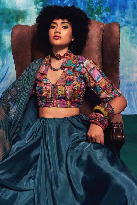 Shop_CAPISVIRLEO_Multi Color Silk Embroidery, Patchwork Collared Kirti Detailed Blouse _Online_at_Aza_Fashions