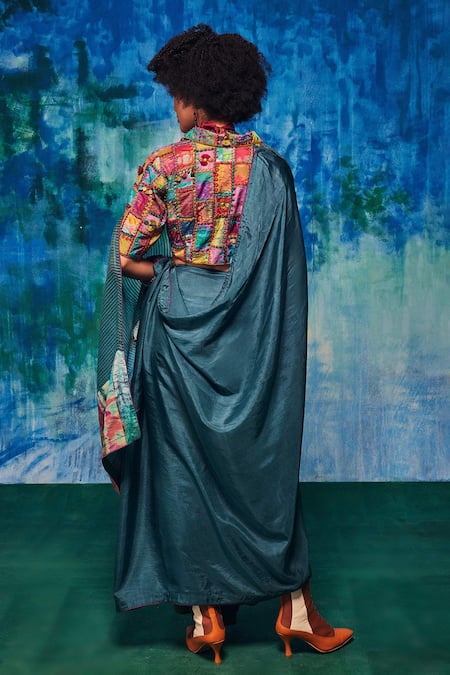 Shop CAPISVIRLEO Blue Silk Applique, Patchwork Collared Kirti Embroidered Saree With Blouse at Aza Fashions Shop_CAPISVIRLEO_Blue Silk Applique, Patchwork Collared Kirti Embroidered Saree With Blouse _at_Aza_Fashions