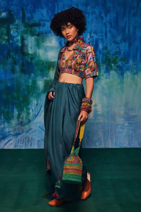 CAPISVIRLEO Blue Silk Applique, Patchwork Collared Kirti Embroidered Saree With Blouse Online at Aza Fashions CAPISVIRLEO_Blue Silk Applique, Patchwork Collared Kirti Embroidered Saree With Blouse _Online_at_Aza_Fashions