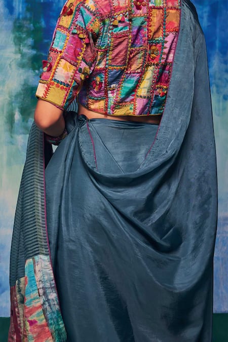 CAPISVIRLEO Blue Silk Applique, Patchwork Collared Kirti Embroidered Saree With Blouse at Aza Fashions CAPISVIRLEO_Blue Silk Applique, Patchwork Collared Kirti Embroidered Saree With Blouse _at_Aza_Fashions