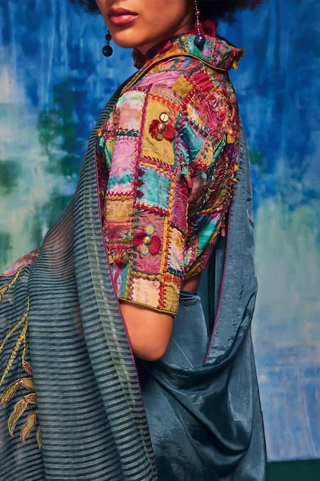 Buy CAPISVIRLEO Blue Silk Applique, Patchwork Collared Kirti Embroidered Saree With Blouse Buy_CAPISVIRLEO_Blue Silk Applique, Patchwork Collared Kirti Embroidered Saree With Blouse