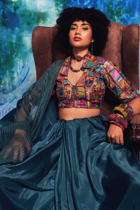 Shop CAPISVIRLEO Blue Silk Applique, Patchwork Collared Kirti Embroidered Saree With Blouse Shop_CAPISVIRLEO_Blue Silk Applique, Patchwork Collared Kirti Embroidered Saree With Blouse