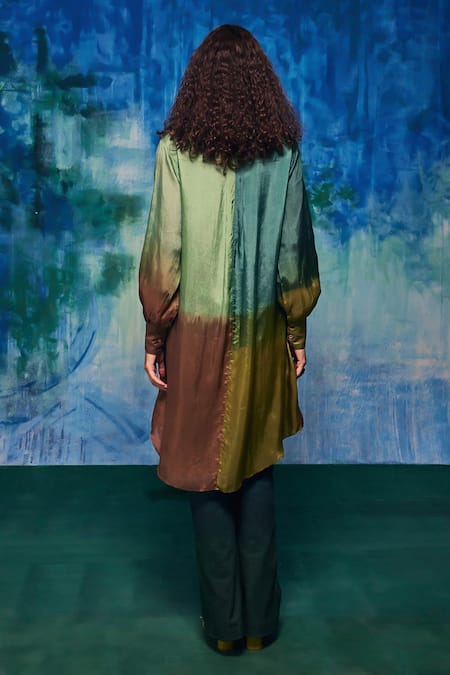 Shop Capisvirleo Multi Color Silk Embroidery, Applique Collared Rasika Ombre Long Shirt at Aza Fashions Shop_Capisvirleo_Multi Color Silk Embroidery, Applique Collared Rasika Ombre Long Shirt _at_Aza_Fashions