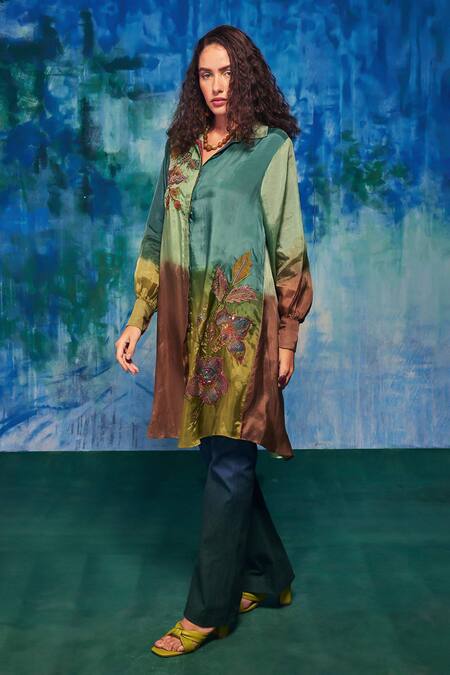 Capisvirleo Multi Color Silk Embroidery, Applique Collared Rasika Ombre Long Shirt at Aza Fashions Capisvirleo_Multi Color Silk Embroidery, Applique Collared Rasika Ombre Long Shirt _at_Aza_Fashions