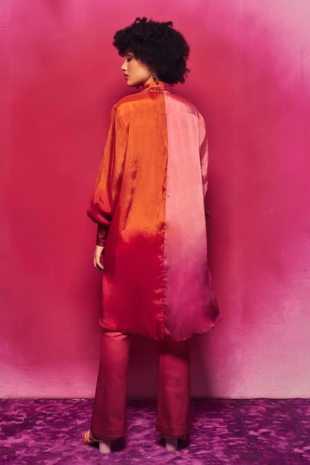 Shop Capisvirleo Peach Silk Applique Collared Rasika Work Long Shirt at Aza Fashions Shop_Capisvirleo_Peach Silk Applique Collared Rasika Work Long Shirt _at_Aza_Fashions