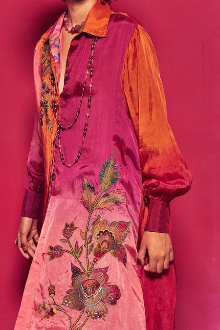 Shop Capisvirleo Peach Silk Applique Collared Rasika Work Long Shirt Online at Aza Fashions Shop_Capisvirleo_Peach Silk Applique Collared Rasika Work Long Shirt _Online_at_Aza_Fashions