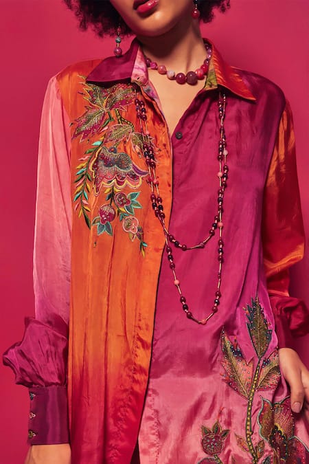 Capisvirleo Peach Silk Applique Collared Rasika Work Long Shirt at Aza Fashions Capisvirleo_Peach Silk Applique Collared Rasika Work Long Shirt _at_Aza_Fashions
