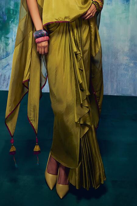 Buy Capisvirleo Green Silk Malti Tassel Detailed Cape With Pleated Skirt Buy_Capisvirleo_Green Silk Malti Tassel Detailed Cape With Pleated Skirt