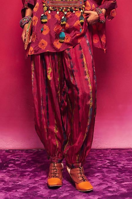 Buy Capisvirleo Fuchsia Silk Tassels, Embroidery Round Ruhi Asymmetric Kurta With Dhoti Pant Online at Aza Fashions Buy_Capisvirleo_Fuchsia Silk Tassels, Embroidery Round Ruhi Asymmetric Kurta With Dhoti Pant _Online_at_Aza_Fashions