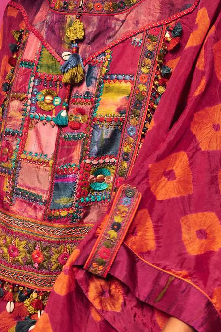 Capisvirleo Fuchsia Silk Tassels, Embroidery Round Ruhi Asymmetric Kurta With Dhoti Pant at Aza Fashions Capisvirleo_Fuchsia Silk Tassels, Embroidery Round Ruhi Asymmetric Kurta With Dhoti Pant _at_Aza_Fashions