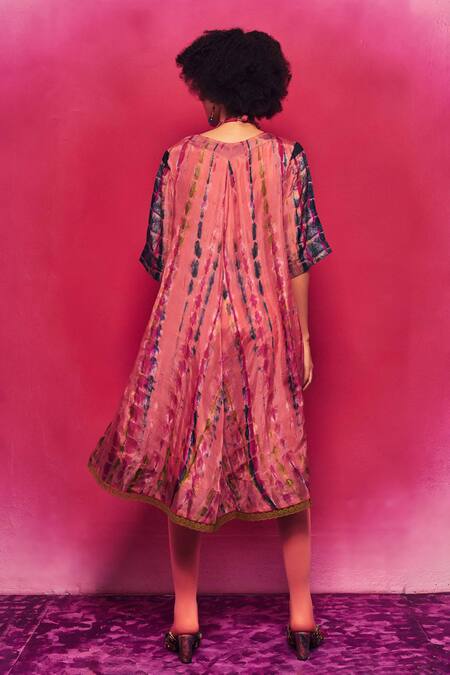 Shop_Capisvirleo_Peach Silk V Neck Kiara A-line Dress _at_Aza_Fashions
