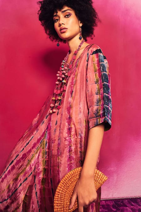 Capisvirleo_Peach Silk V Neck Kiara A-line Dress _Online_at_Aza_Fashions