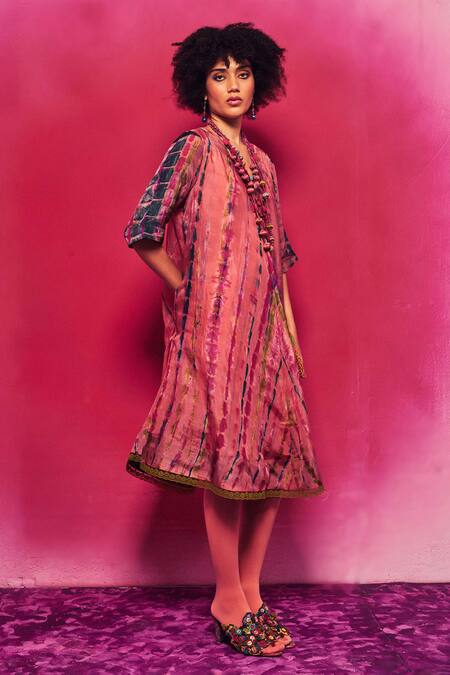Shop_Capisvirleo_Peach Silk V Neck Kiara A-line Dress _Online_at_Aza_Fashions