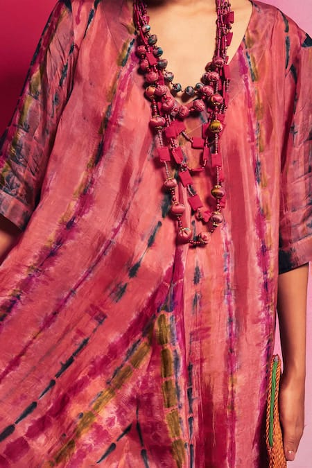 Capisvirleo_Peach Silk V Neck Kiara A-line Dress _at_Aza_Fashions