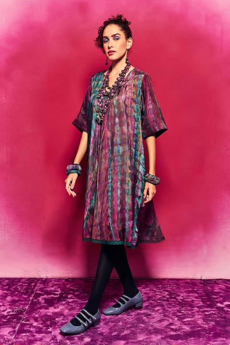 Capisvirleo_Purple Silk V Neck Kiara Tie-dye Dress _Online_at_Aza_Fashions