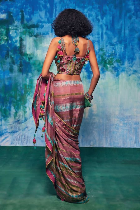 Shop Capisvirleo Multi Color Silk Tassels Aahana Tie-dye Saree at Aza Fashions Shop_Capisvirleo_Multi Color Silk Tassels Aahana Tie-dye Saree _at_Aza_Fashions