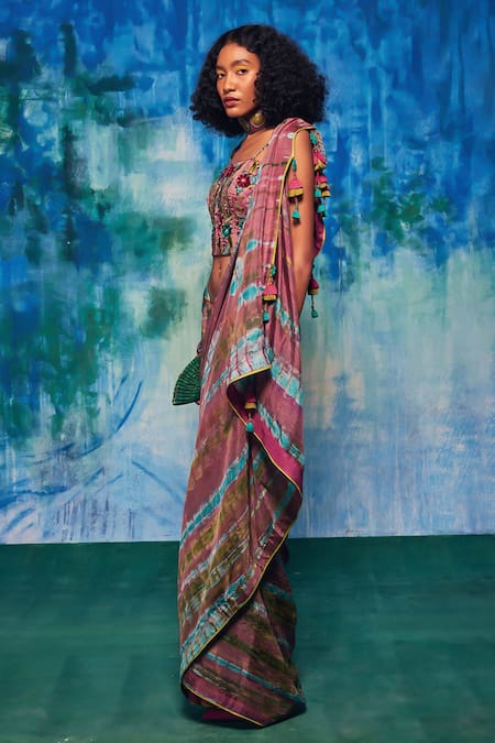 Shop Capisvirleo Multi Color Silk Tassels Aahana Tie-dye Saree Online at Aza Fashions Shop_Capisvirleo_Multi Color Silk Tassels Aahana Tie-dye Saree _Online_at_Aza_Fashions