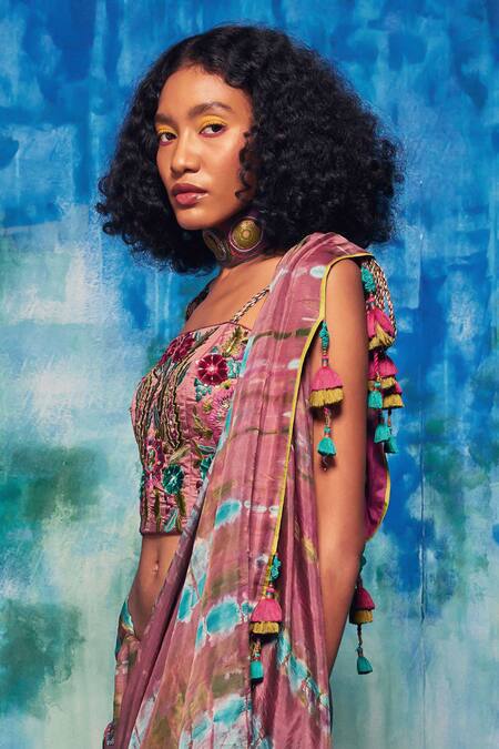 CAPISVIRLEO_Multi Color Silk Tassels, Applique, Embroidery Aahana Tie-dye Saree With Blouse _Online_at_Aza_Fashions