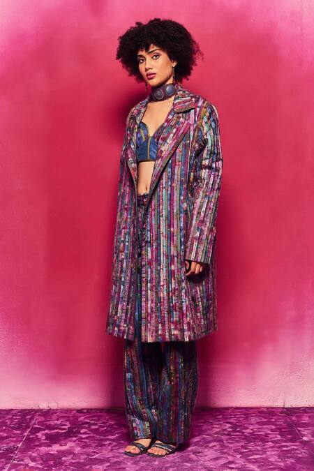 Shop Capisvirleo Multi Color Silk Patchwork Collared Avyukta Jacket With Pant Online at Aza Fashions Shop_Capisvirleo_Multi Color Silk Patchwork Collared Avyukta Jacket With Pant _Online_at_Aza_Fashions