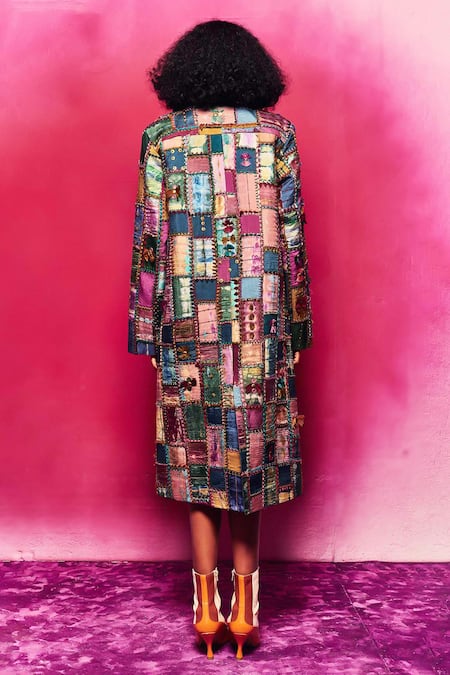 Shop Capisvirleo Multi Color Silk Embroidery, Patchwork Taliah Trench Coat at Aza Fashions Shop_Capisvirleo_Multi Color Silk Embroidery, Patchwork Taliah Trench Coat _at_Aza_Fashions