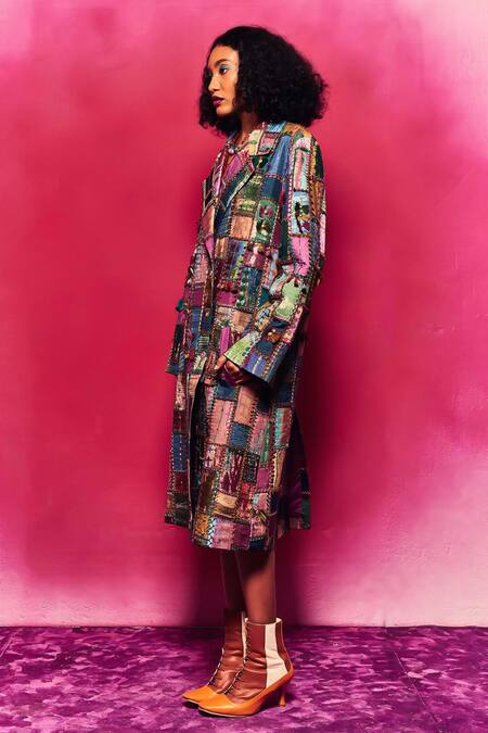 Capisvirleo Multi Color Silk Embroidery, Patchwork Taliah Trench Coat Online at Aza Fashions Capisvirleo_Multi Color Silk Embroidery, Patchwork Taliah Trench Coat _Online_at_Aza_Fashions