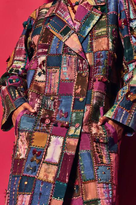 Shop Capisvirleo Multi Color Silk Embroidery, Patchwork Taliah Trench Coat Online at Aza Fashions Shop_Capisvirleo_Multi Color Silk Embroidery, Patchwork Taliah Trench Coat _Online_at_Aza_Fashions