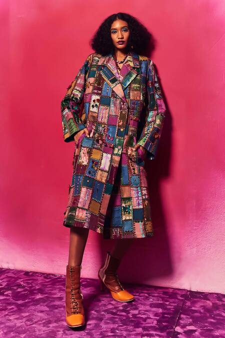 Capisvirleo Multi Color Silk Embroidery, Patchwork Taliah Trench Coat at Aza Fashions Capisvirleo_Multi Color Silk Embroidery, Patchwork Taliah Trench Coat _at_Aza_Fashions