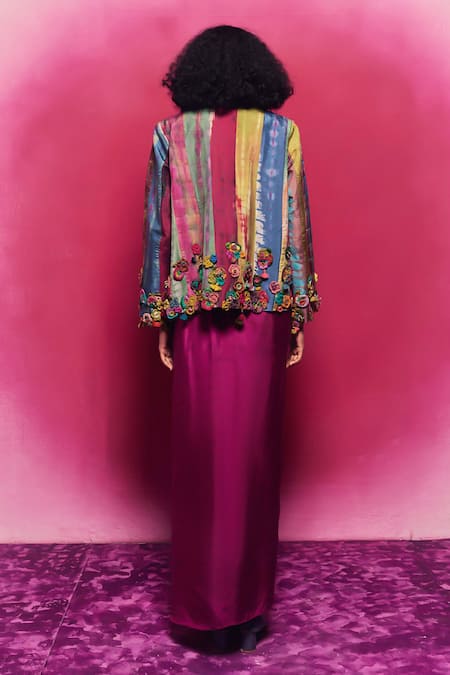 Shop Capisvirleo Multi Color Silk Embroidery, Patchwork, Tassels Samaya Jacket Skirt Set at Aza Fashions Shop_Capisvirleo_Multi Color Silk Embroidery, Patchwork, Tassels Samaya Jacket Skirt Set _at_Aza_Fashions