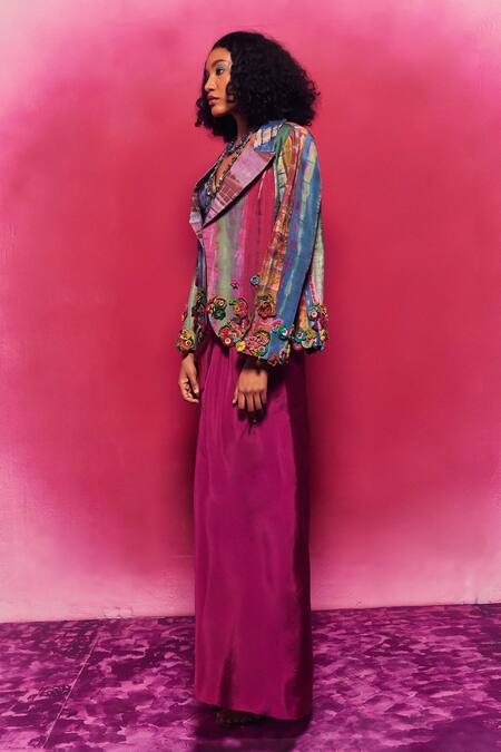 Shop Capisvirleo Multi Color Silk Embroidery, Patchwork, Tassels Samaya Jacket Skirt Set Online at Aza Fashions Shop_Capisvirleo_Multi Color Silk Embroidery, Patchwork, Tassels Samaya Jacket Skirt Set _Online_at_Aza_Fashions