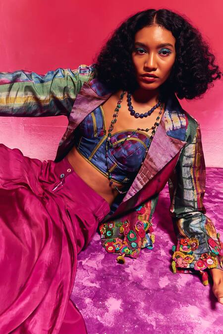 Capisvirleo Multi Color Silk Embroidery, Patchwork, Tassels Samaya Jacket Skirt Set at Aza Fashions Capisvirleo_Multi Color Silk Embroidery, Patchwork, Tassels Samaya Jacket Skirt Set _at_Aza_Fashions