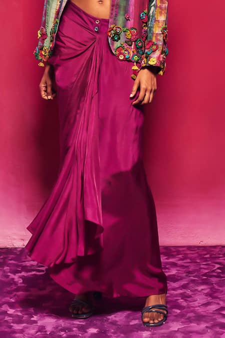Capisvirleo_Fuchsia Silk Solid Ruafza Draped Skirt _Online_at_Aza_Fashions