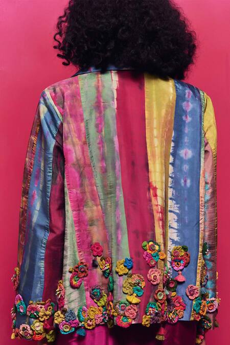Shop Capisvirleo Multi Color Silk Embroidery Collared Samaya Patchwork Panel Jacket Online at Aza Fashions Shop_Capisvirleo_Multi Color Silk Embroidery Collared Samaya Patchwork Panel Jacket _Online_at_Aza_Fashions