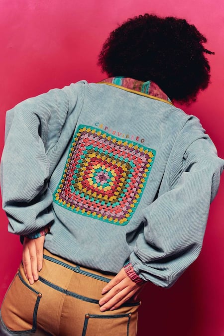 Shop Capisvirleo Blue Corduroy Embroidery Collared Lavira Embellished Shirt at Aza Fashions Shop_Capisvirleo_Blue Corduroy Embroidery Collared Lavira Embellished Shirt _at_Aza_Fashions