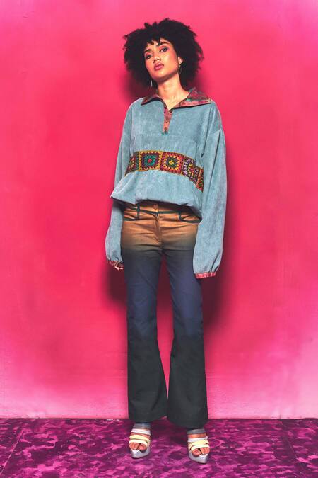 Capisvirleo Blue Corduroy Embroidery Collared Lavira Embellished Shirt Online at Aza Fashions Capisvirleo_Blue Corduroy Embroidery Collared Lavira Embellished Shirt _Online_at_Aza_Fashions