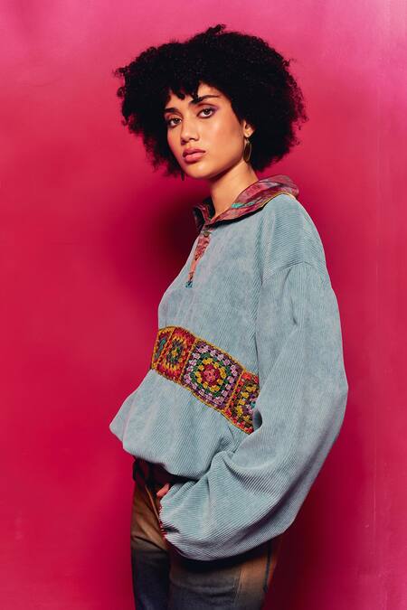 Buy Capisvirleo Blue Corduroy Embroidery Collared Lavira Embellished Shirt Online at Aza Fashions Buy_Capisvirleo_Blue Corduroy Embroidery Collared Lavira Embellished Shirt _Online_at_Aza_Fashions