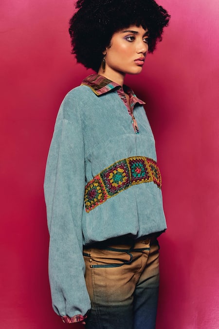 Shop Capisvirleo Blue Corduroy Embroidery Collared Lavira Embellished Shirt Online at Aza Fashions Shop_Capisvirleo_Blue Corduroy Embroidery Collared Lavira Embellished Shirt _Online_at_Aza_Fashions