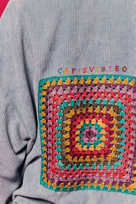 Capisvirleo Blue Corduroy Embroidery Collared Lavira Embellished Shirt at Aza Fashions Capisvirleo_Blue Corduroy Embroidery Collared Lavira Embellished Shirt _at_Aza_Fashions