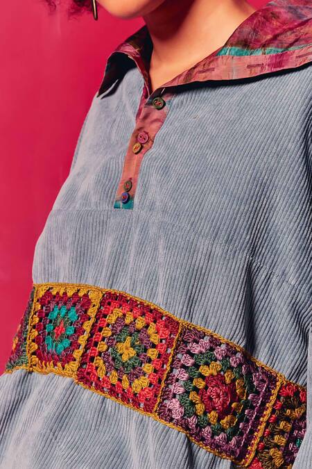 Buy Capisvirleo Blue Corduroy Embroidery Collared Lavira Embellished Shirt Buy_Capisvirleo_Blue Corduroy Embroidery Collared Lavira Embellished Shirt