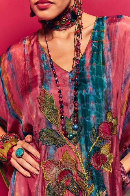 Shop_Capisvirleo_Peach Silk Embroidered Applique V Neck Anika Kaftan _Online_at_Aza_Fashions