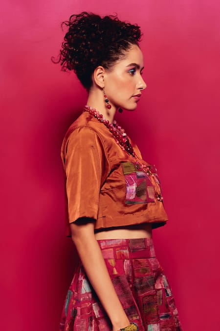 Buy_Capisvirleo_Orange Silk Patchwork Collared Althea Pocket Shirt _Online_at_Aza_Fashions