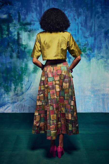 Shop_Capisvirleo_Multi Color Silk Patchwork Althea Skirt _at_Aza_Fashions