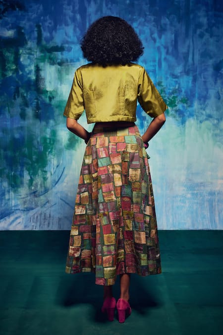 Shop Capisvirleo Multi Color Silk Patchwork Collared Althea Skirt With Cropped Shirt at Aza Fashions Shop_Capisvirleo_Multi Color Silk Patchwork Collared Althea Skirt With Cropped Shirt _at_Aza_Fashions