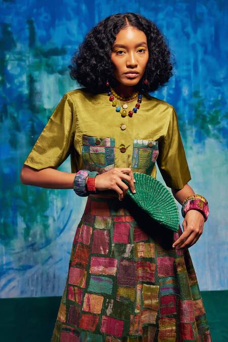Buy Capisvirleo Multi Color Silk Patchwork Collared Althea Skirt With Cropped Shirt Online at Aza Fashions Buy_Capisvirleo_Multi Color Silk Patchwork Collared Althea Skirt With Cropped Shirt _Online_at_Aza_Fashions