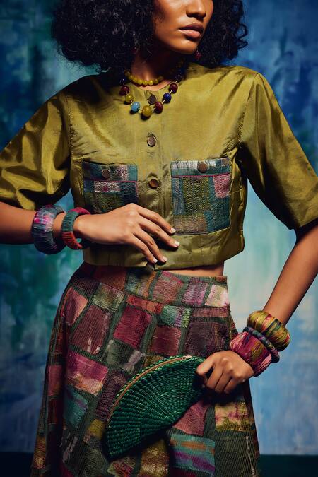Shop Capisvirleo Multi Color Silk Patchwork Collared Althea Skirt With Cropped Shirt Online at Aza Fashions Shop_Capisvirleo_Multi Color Silk Patchwork Collared Althea Skirt With Cropped Shirt _Online_at_Aza_Fashions