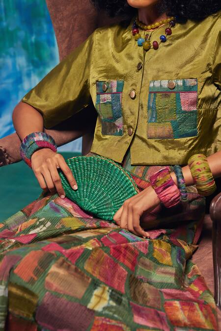 Capisvirleo Multi Color Silk Patchwork Collared Althea Skirt With Cropped Shirt at Aza Fashions Capisvirleo_Multi Color Silk Patchwork Collared Althea Skirt With Cropped Shirt _at_Aza_Fashions