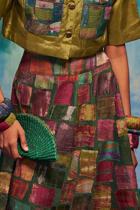 Buy Capisvirleo Multi Color Silk Patchwork Collared Althea Skirt With Cropped Shirt Buy_Capisvirleo_Multi Color Silk Patchwork Collared Althea Skirt With Cropped Shirt