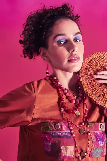 CAPISVIRLEO_Multi Color Silk Patchwork Collared Althea Detailed Skirt With Cropped Shirt _Online_at_Aza_Fashions