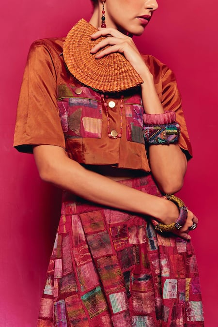 Shop_CAPISVIRLEO_Multi Color Silk Patchwork Collared Althea Detailed Skirt With Cropped Shirt _Online_at_Aza_Fashions